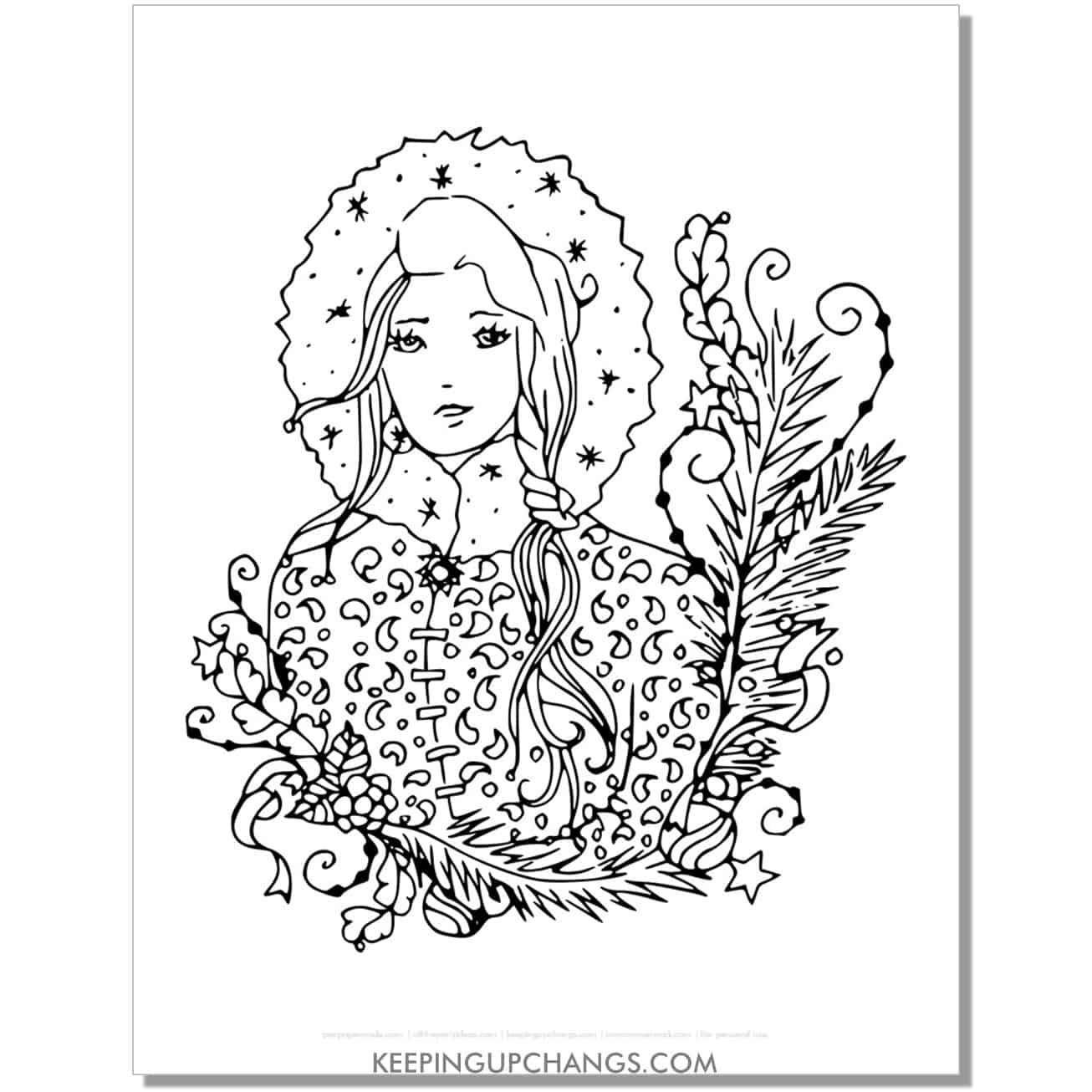 free woman in winter coat adult christmas coloring page.