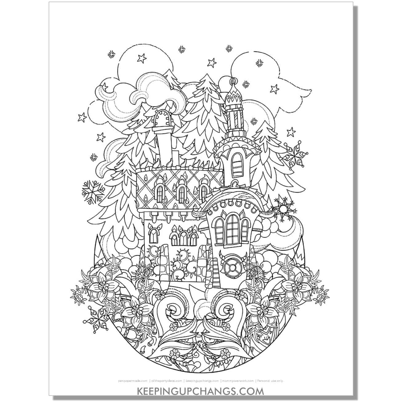 free winter mansion with trees, moon adult christmas coloring page.