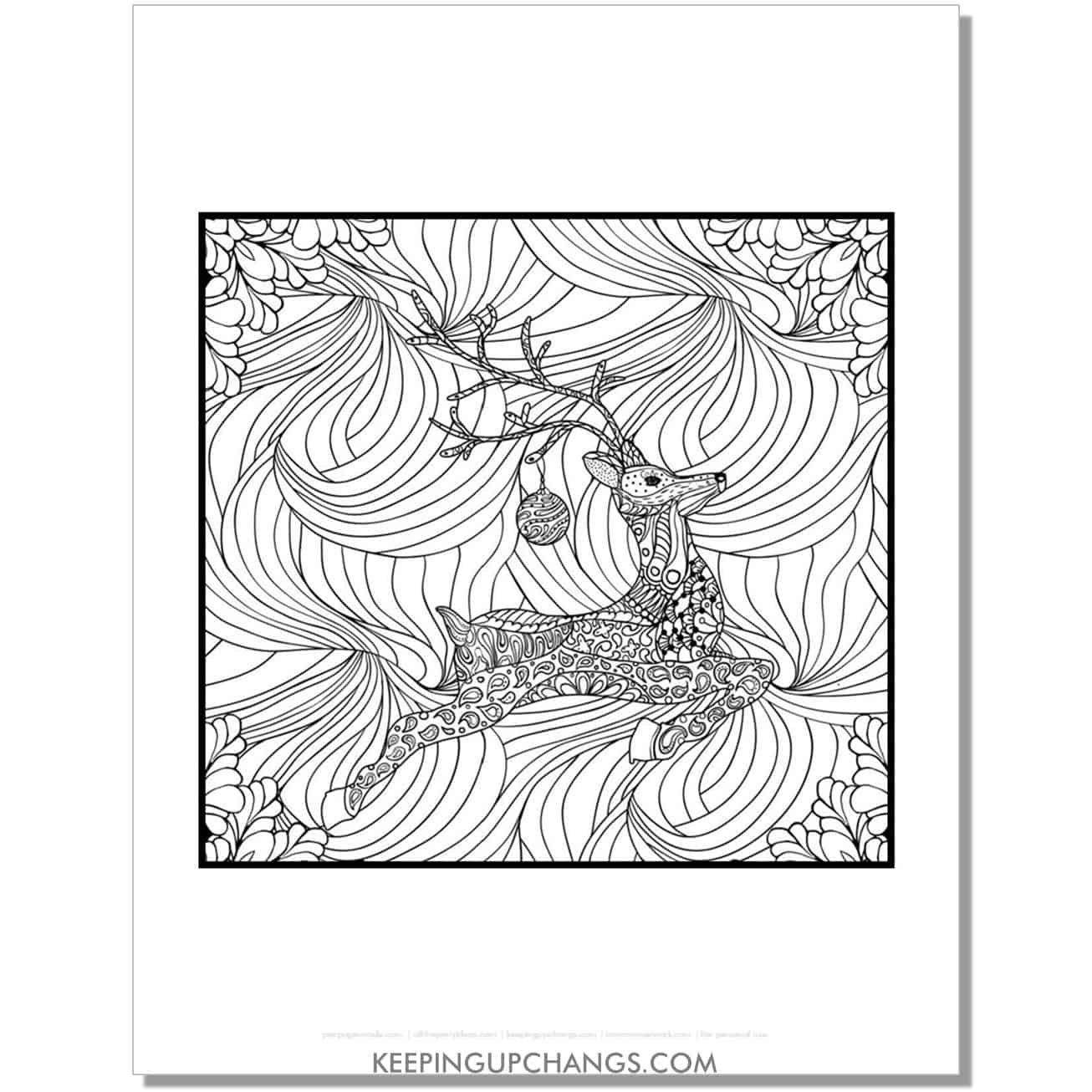 free zentangle reindeer on complicated background adult christmas coloring page.