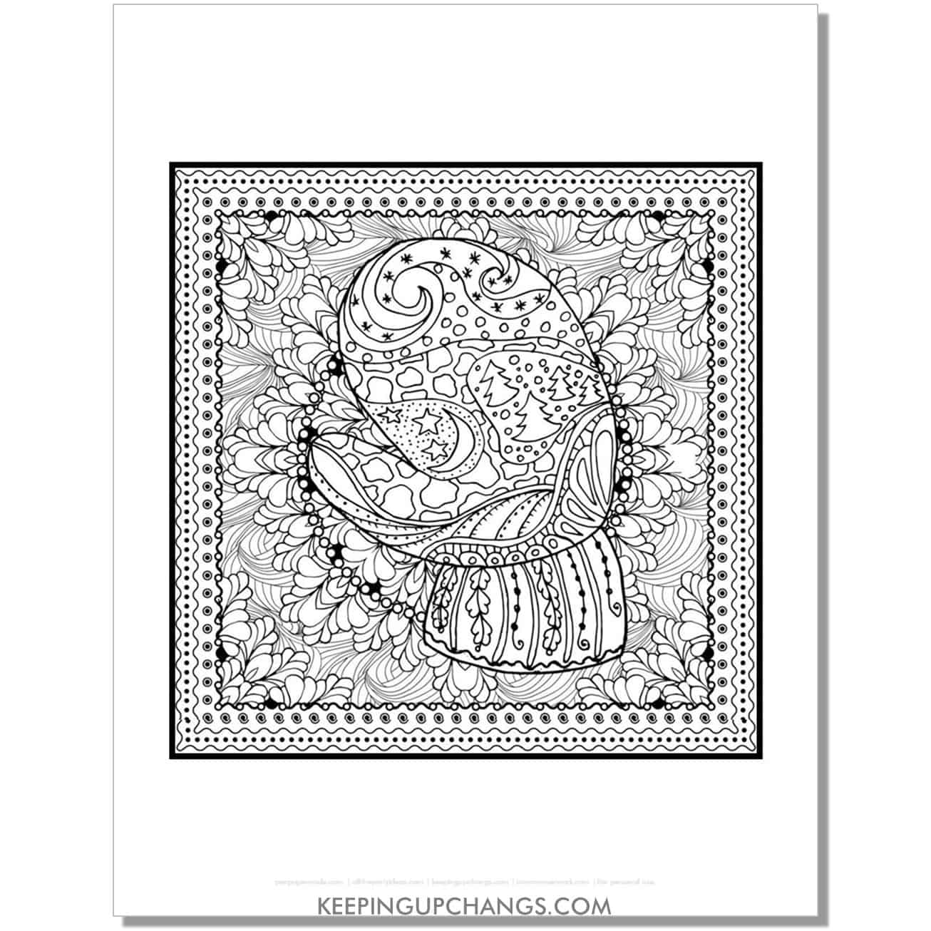 free winter mitten on intricate background adult christmas coloring page.