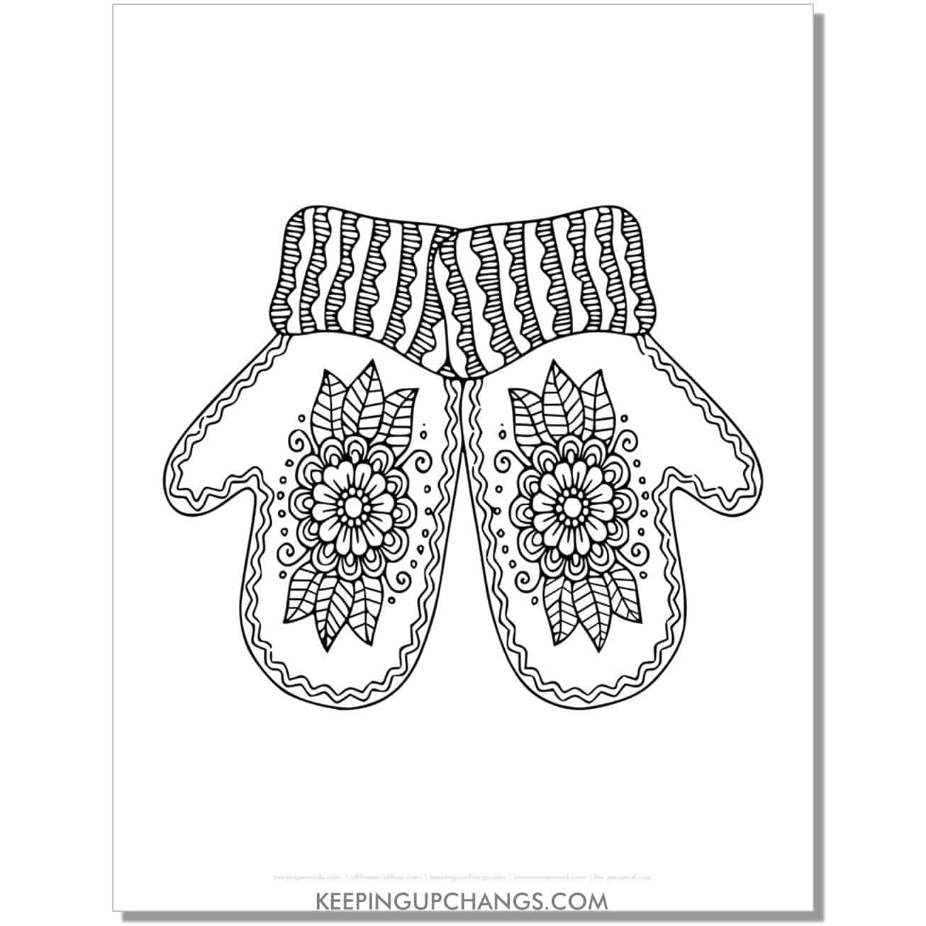 free mittens with flower design adult christmas coloring page.