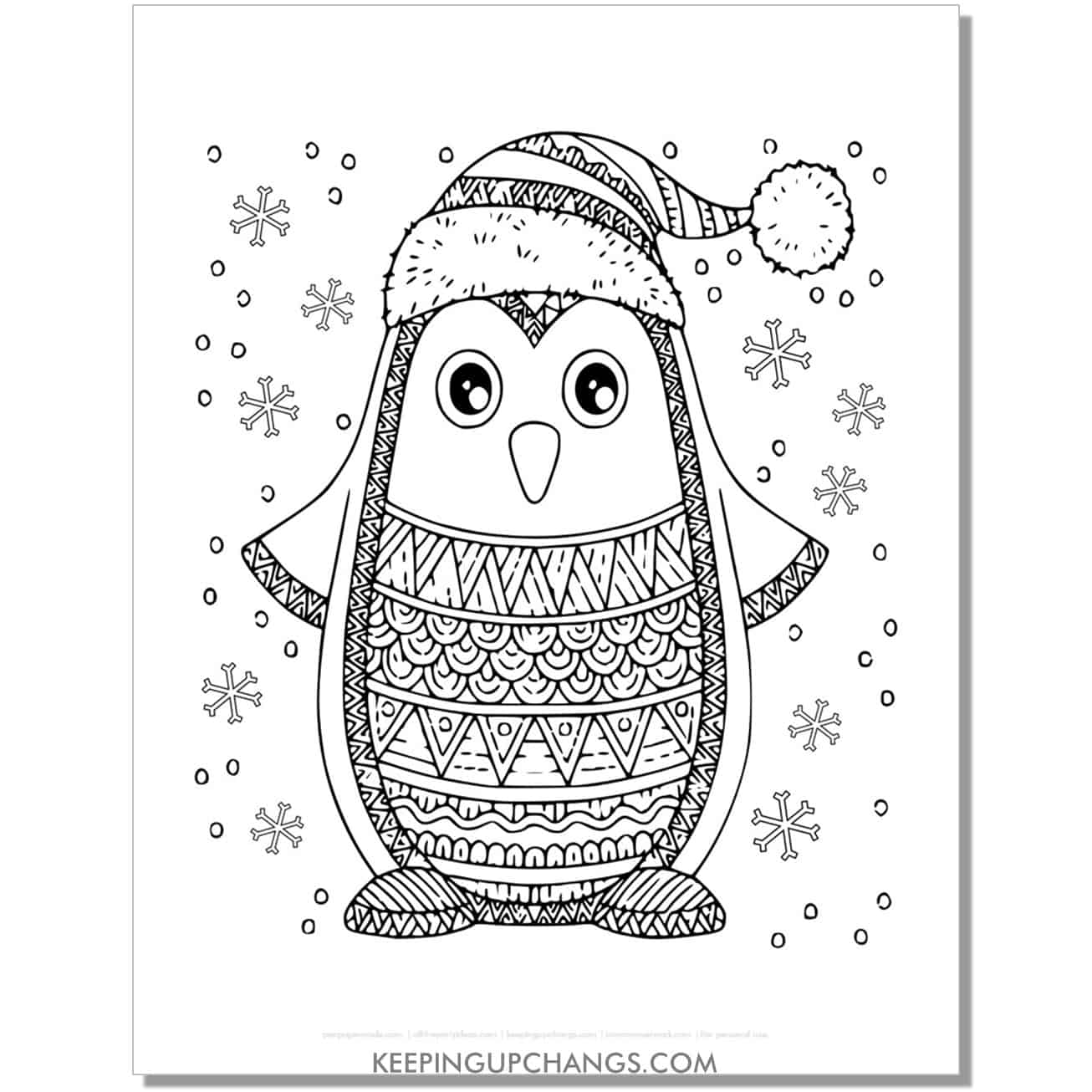 free detailed winter penguin adult christmas coloring page.