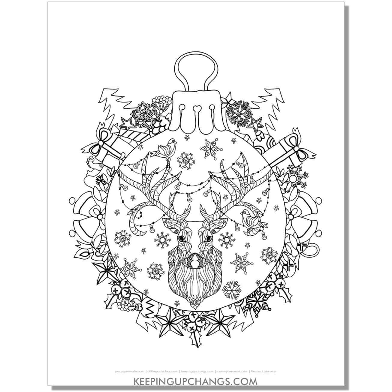 free reindeer head in ornament adult christmas coloring page.