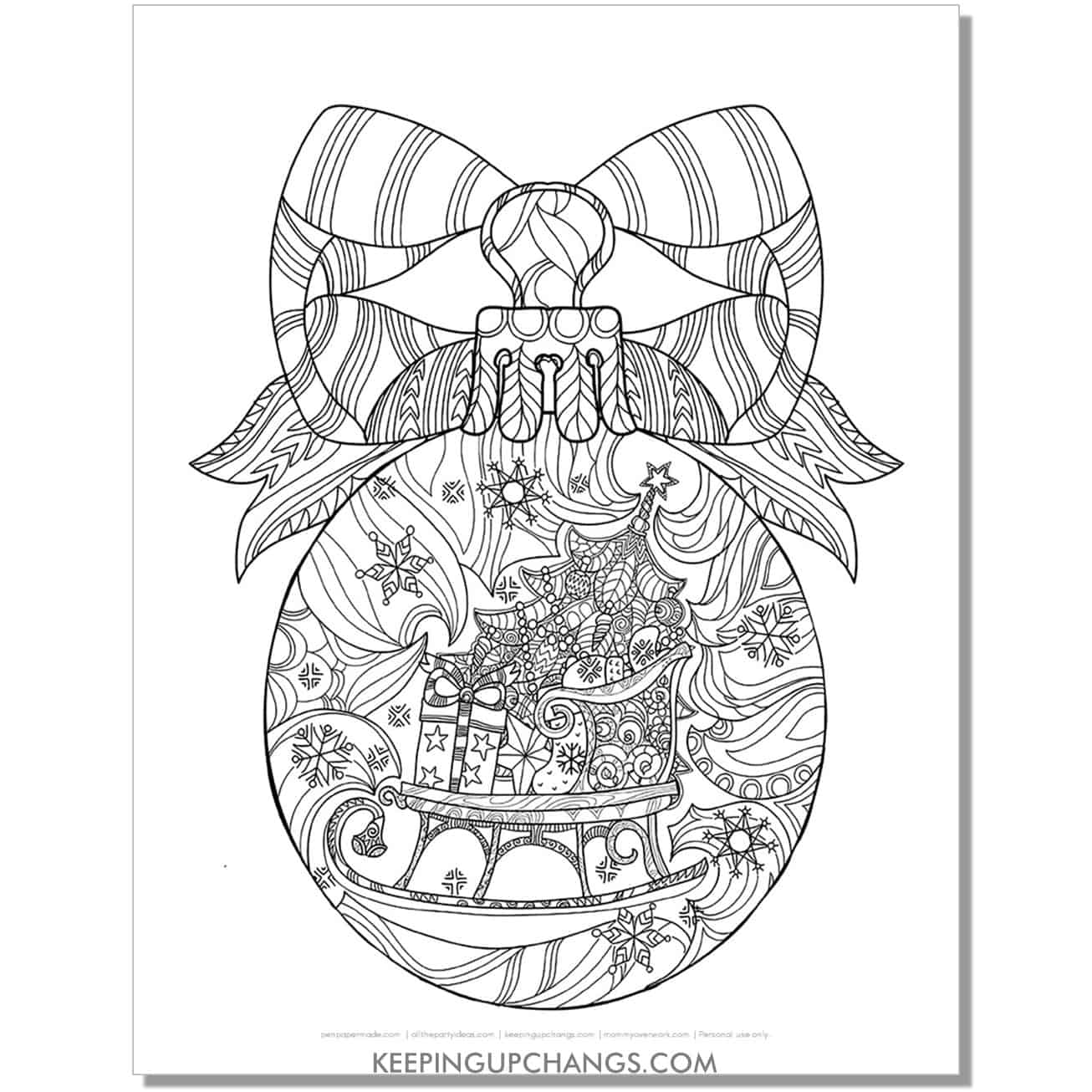 free santa sleigh with tree in ornament detailed adult christmas coloring page.