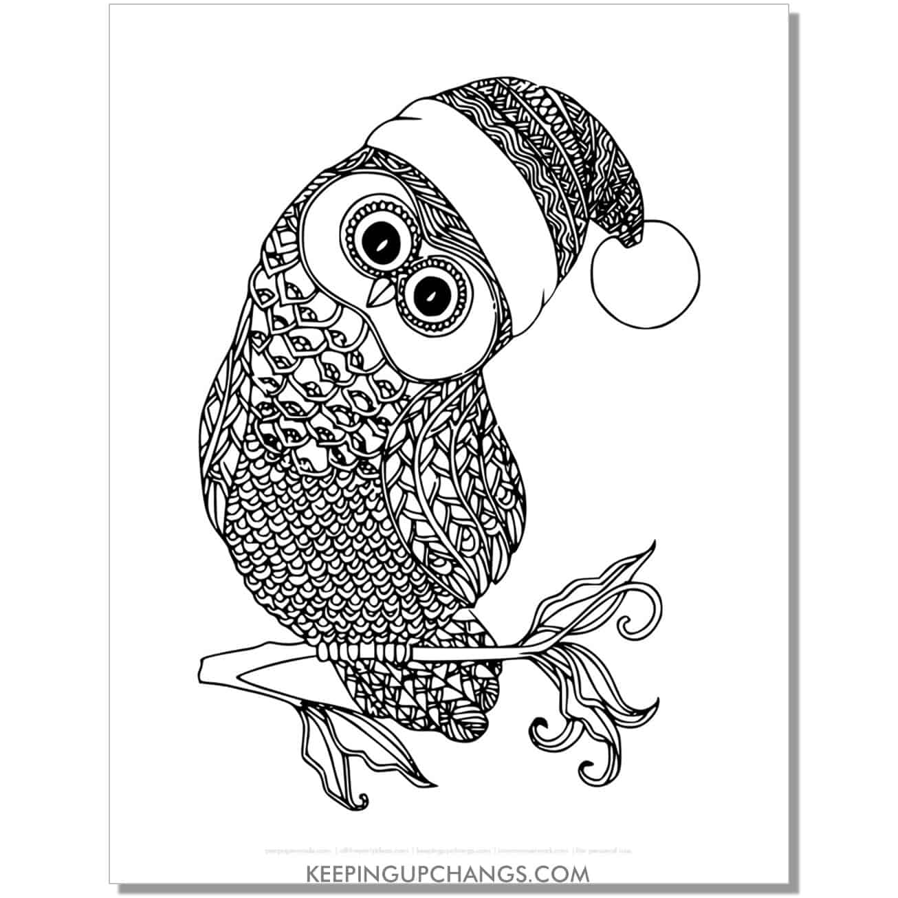free winter owl with santa hat adult christmas coloring page.
