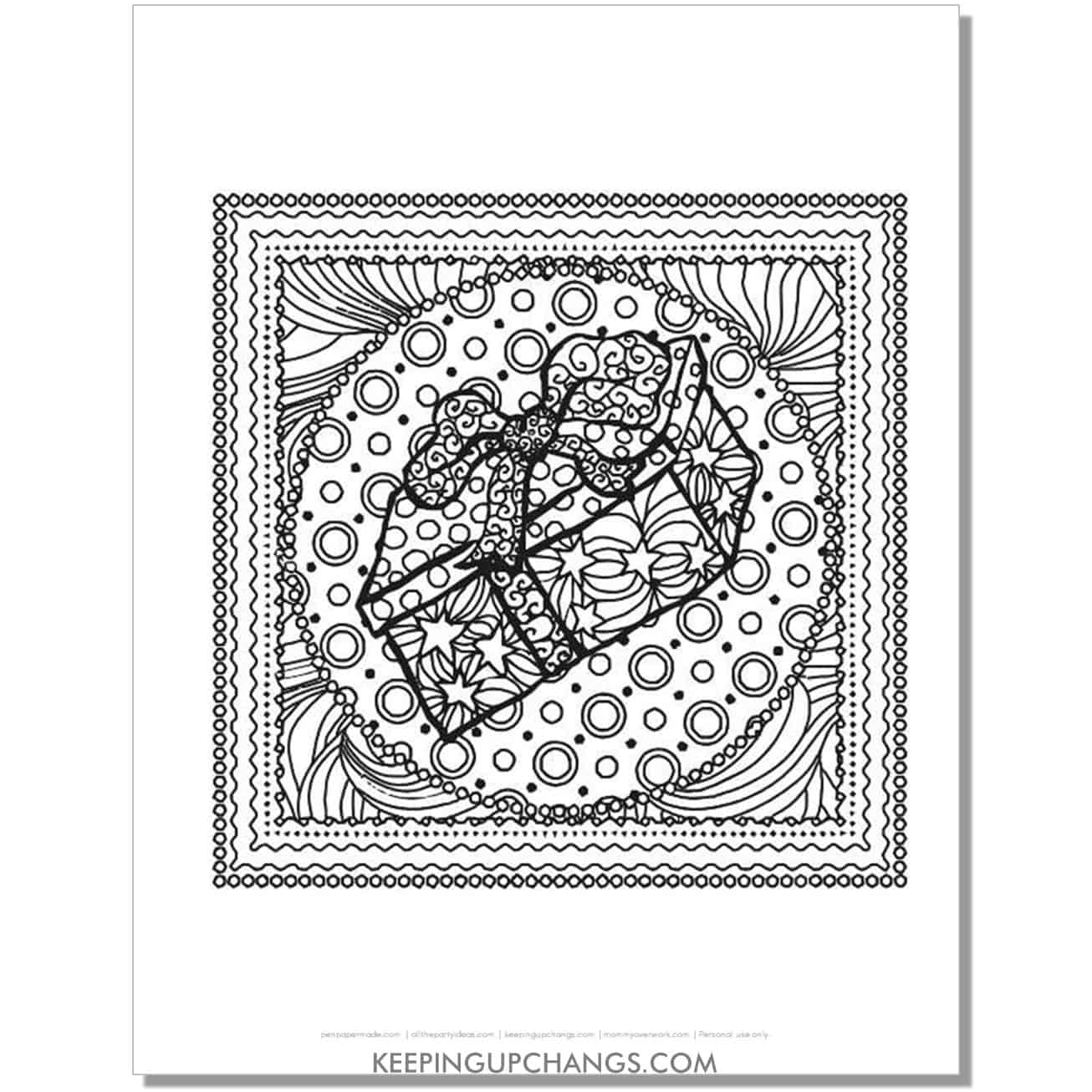 free gift present on detailed background adult christmas coloring page.