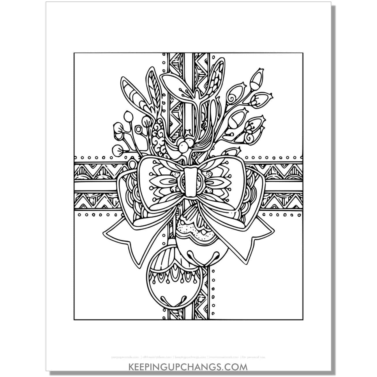 free present gift bow top view adult christmas coloring page.