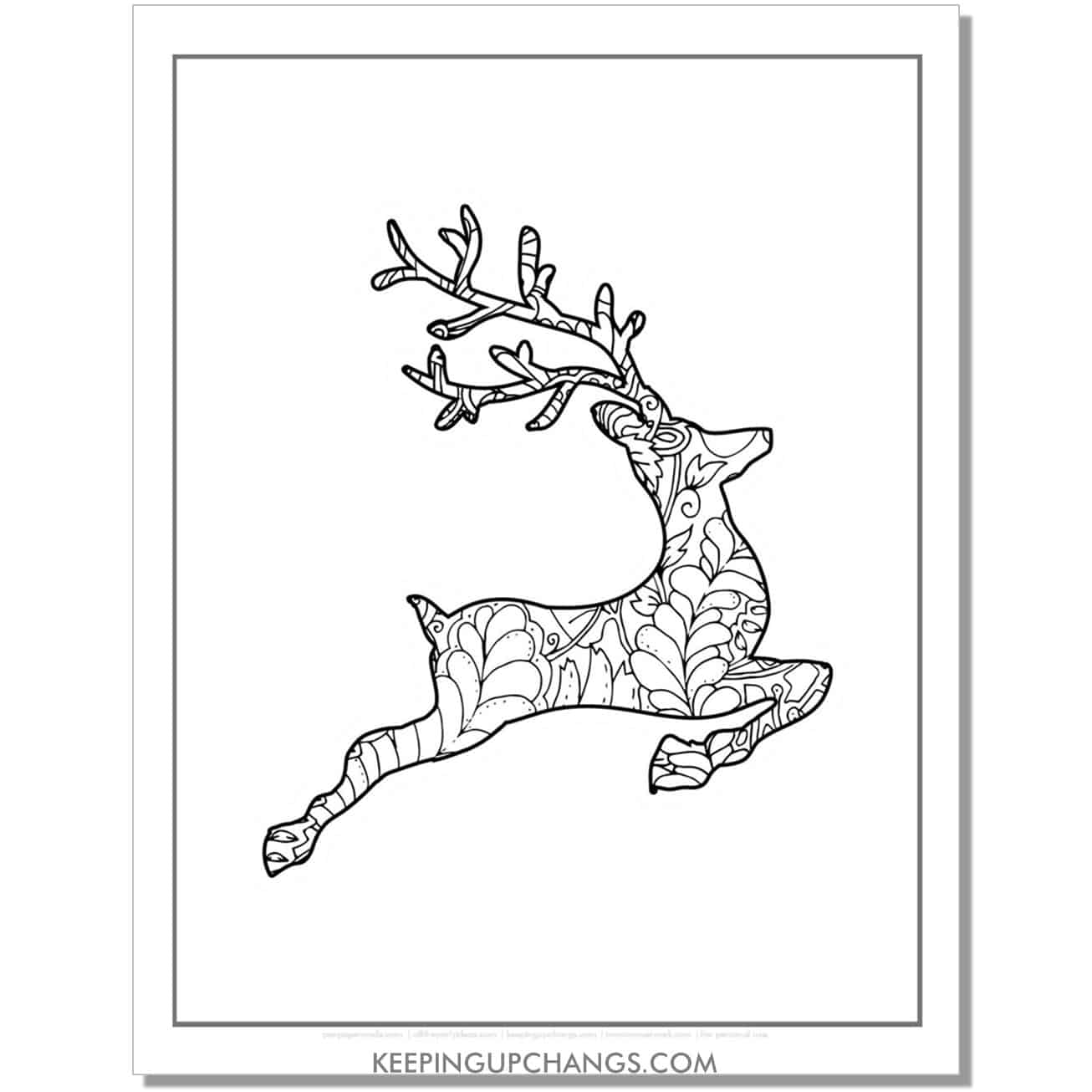 free jumping reindeer mandala adult christmas coloring page.