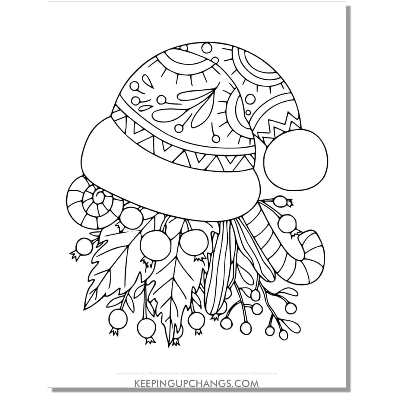free santa hat with holly and candy cane adult christmas coloring page.