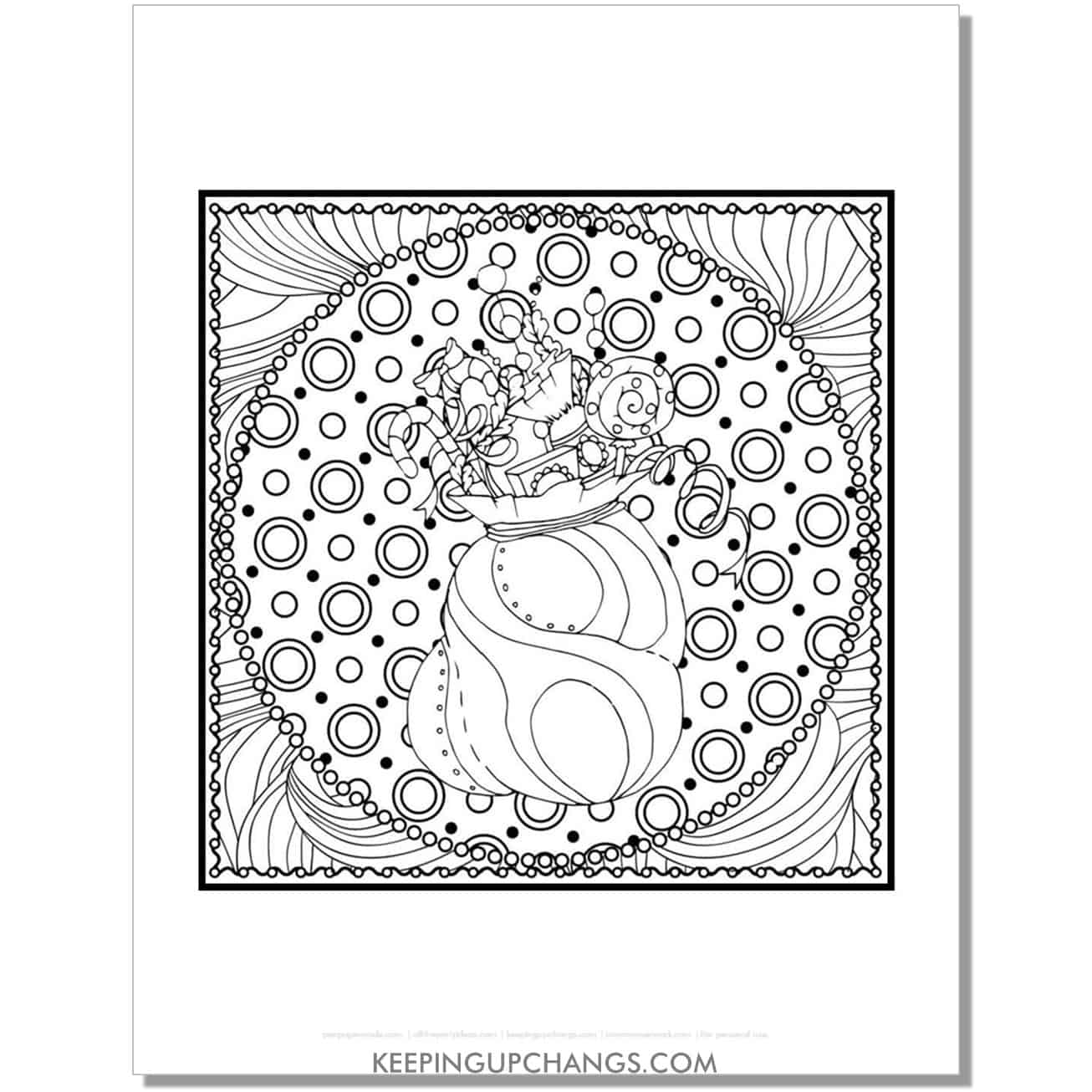 free vintage santa toy sack on background adult christmas coloring page.