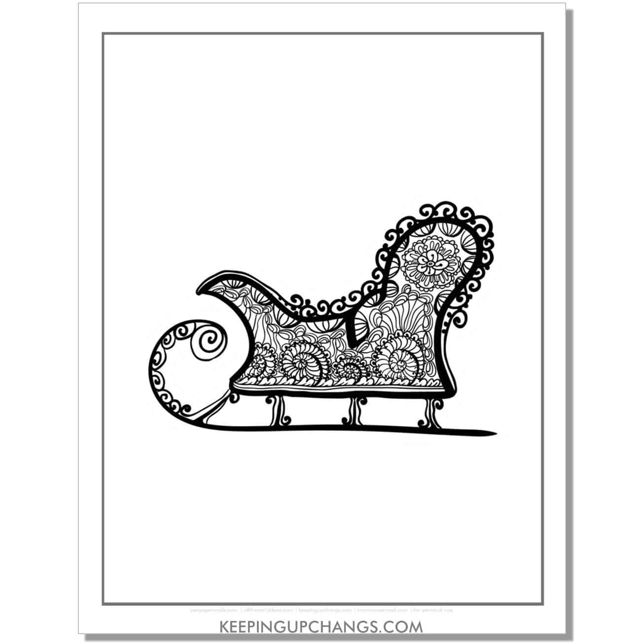 free simple santa sleigh detailed adult christmas coloring page.