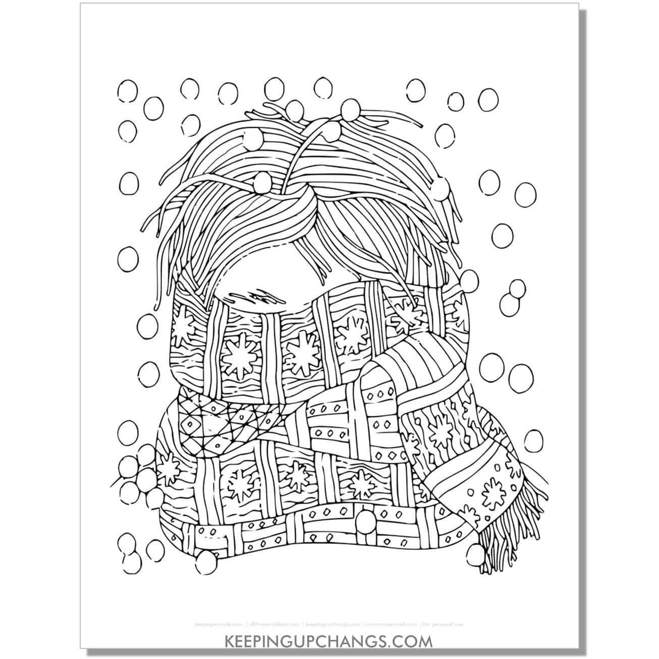free person wrapped in winter scarf adult christmas coloring page.
