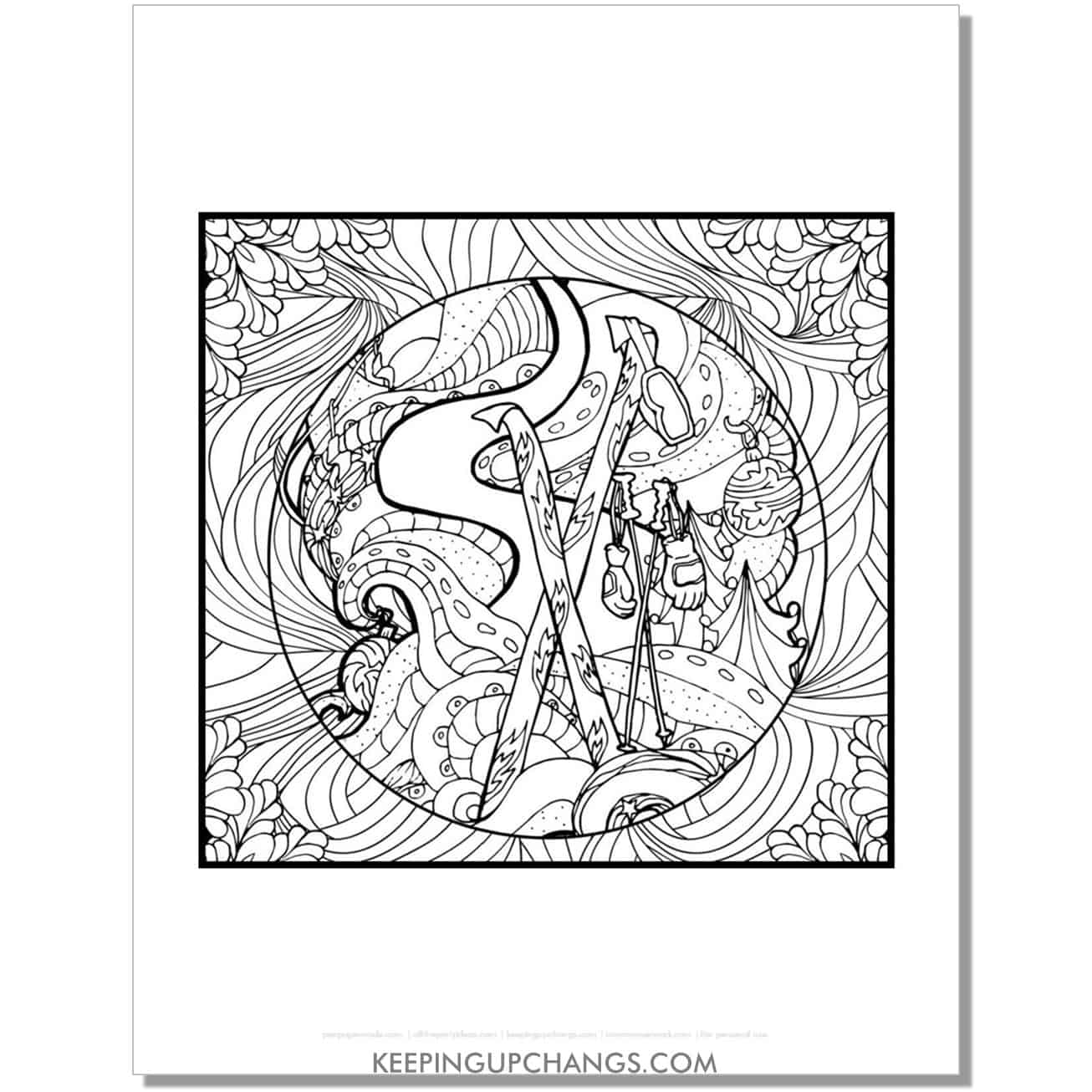 free winter skis on complicated background adult christmas coloring page.