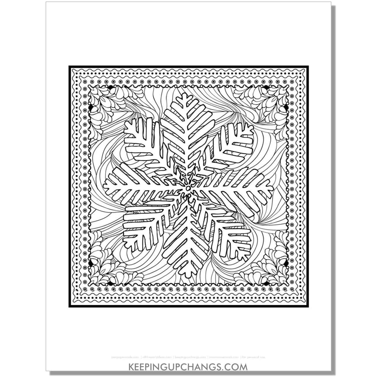 free large snowflake on difficult background adult christmas coloring page.