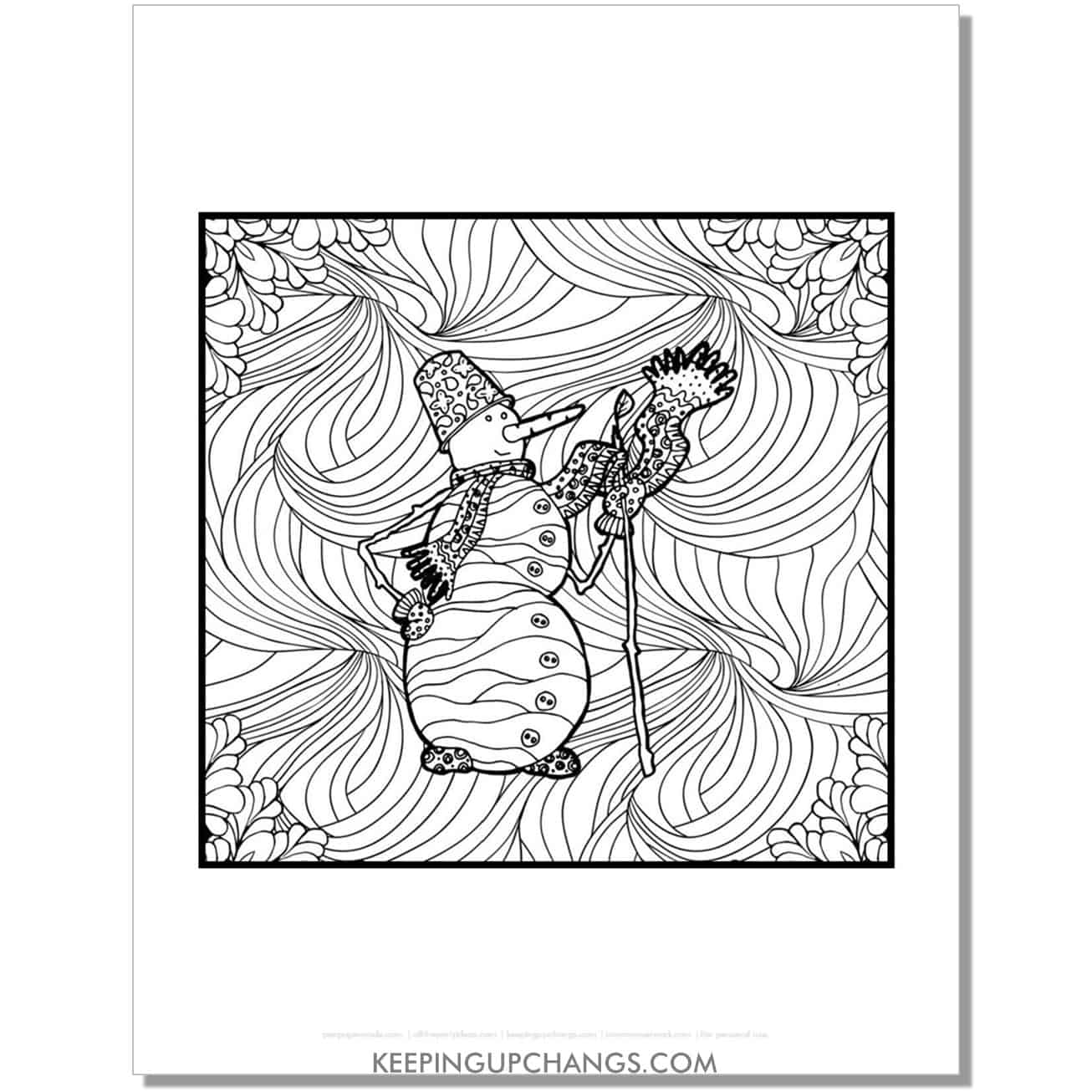 free vintage snowman on intricate background adult christmas coloring page.