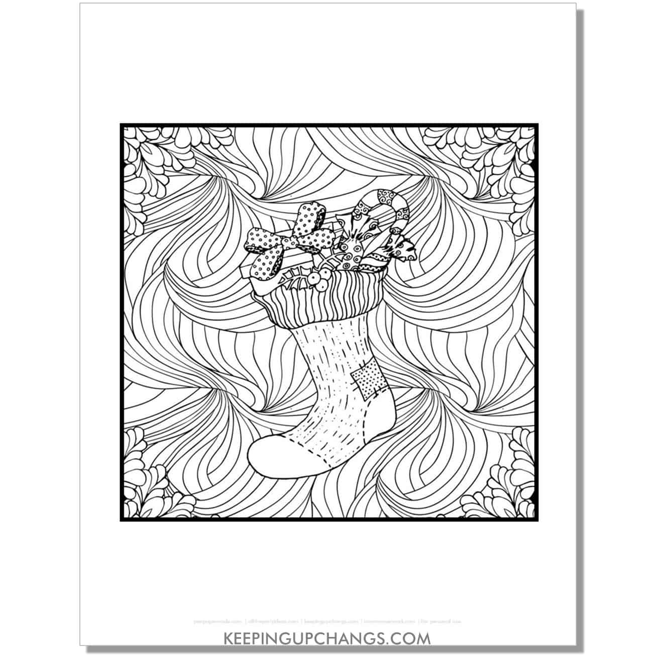 free vintage stocking on detailed background adult christmas coloring page.