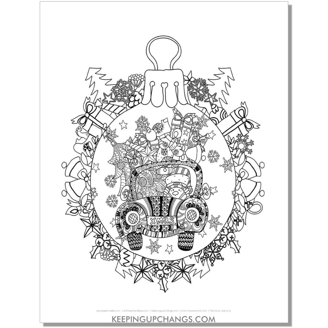 free vintage retro buggy car in ornament adult christmas coloring page.
