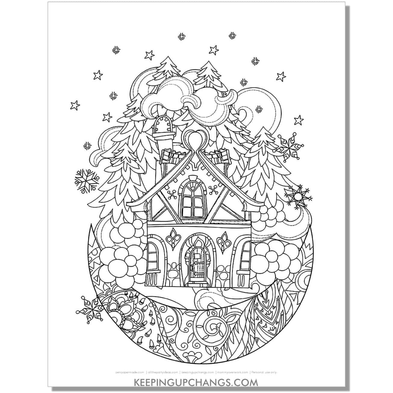 free winter gingerbread house moon adult christmas coloring page.