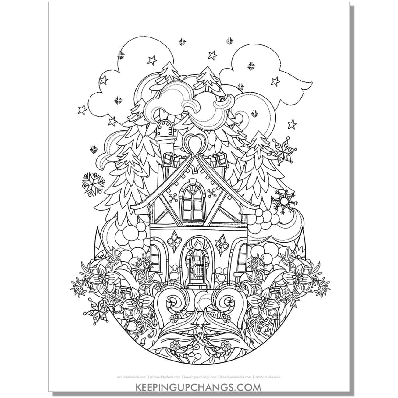 free winter house, moon, trees adult christmas coloring page.