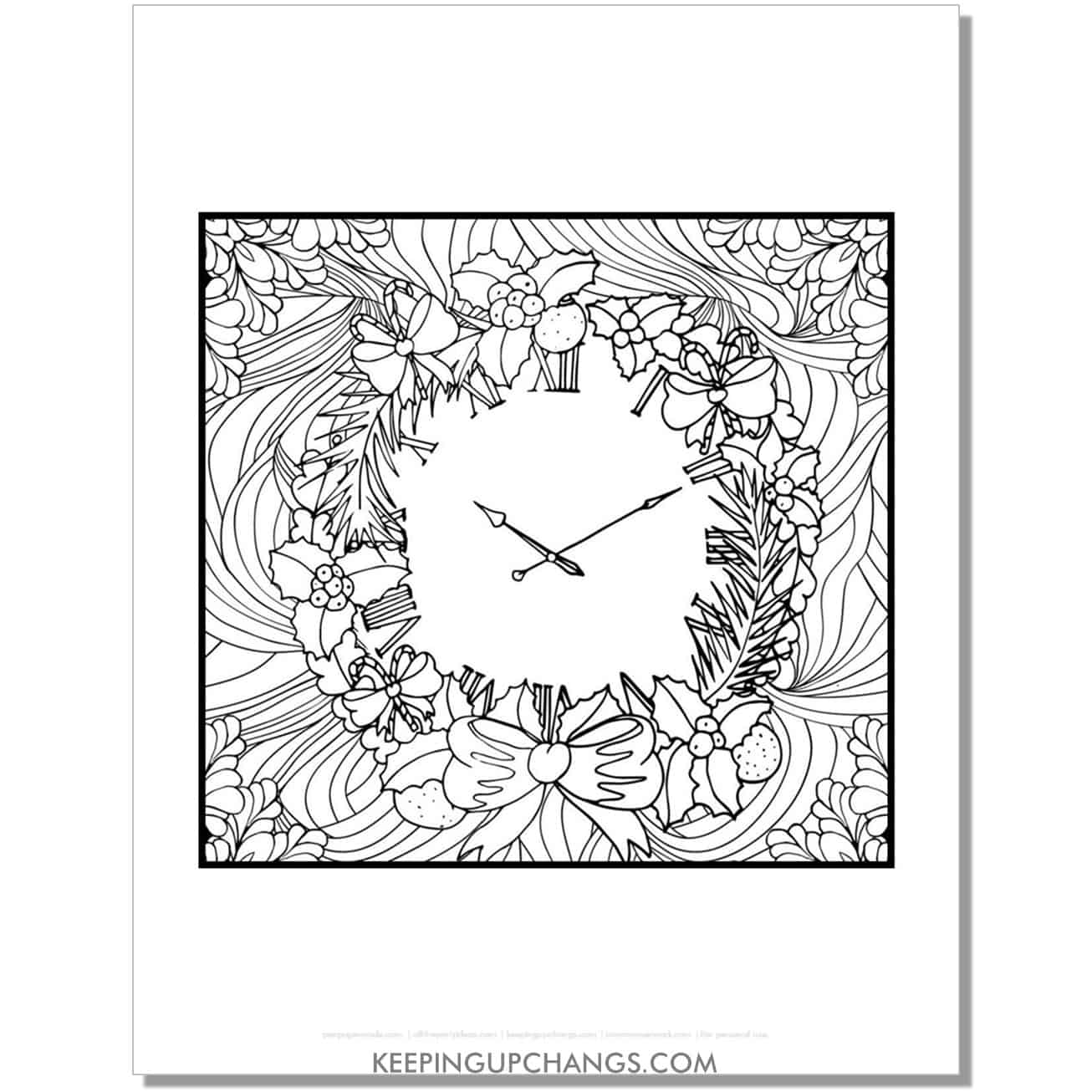 free clock in wreath adult christmas coloring page.