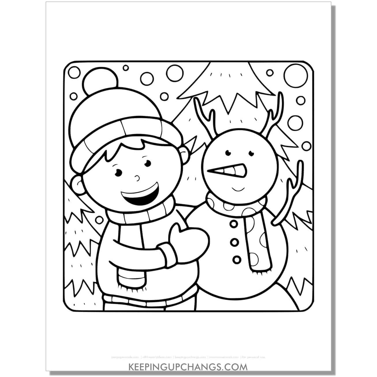 free detailed, snowman with boy coloring page.