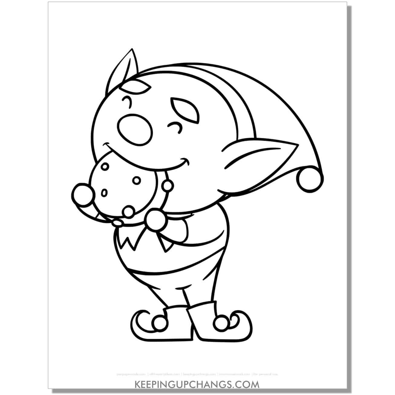free adorable christmas elf eating cookie coloring page.