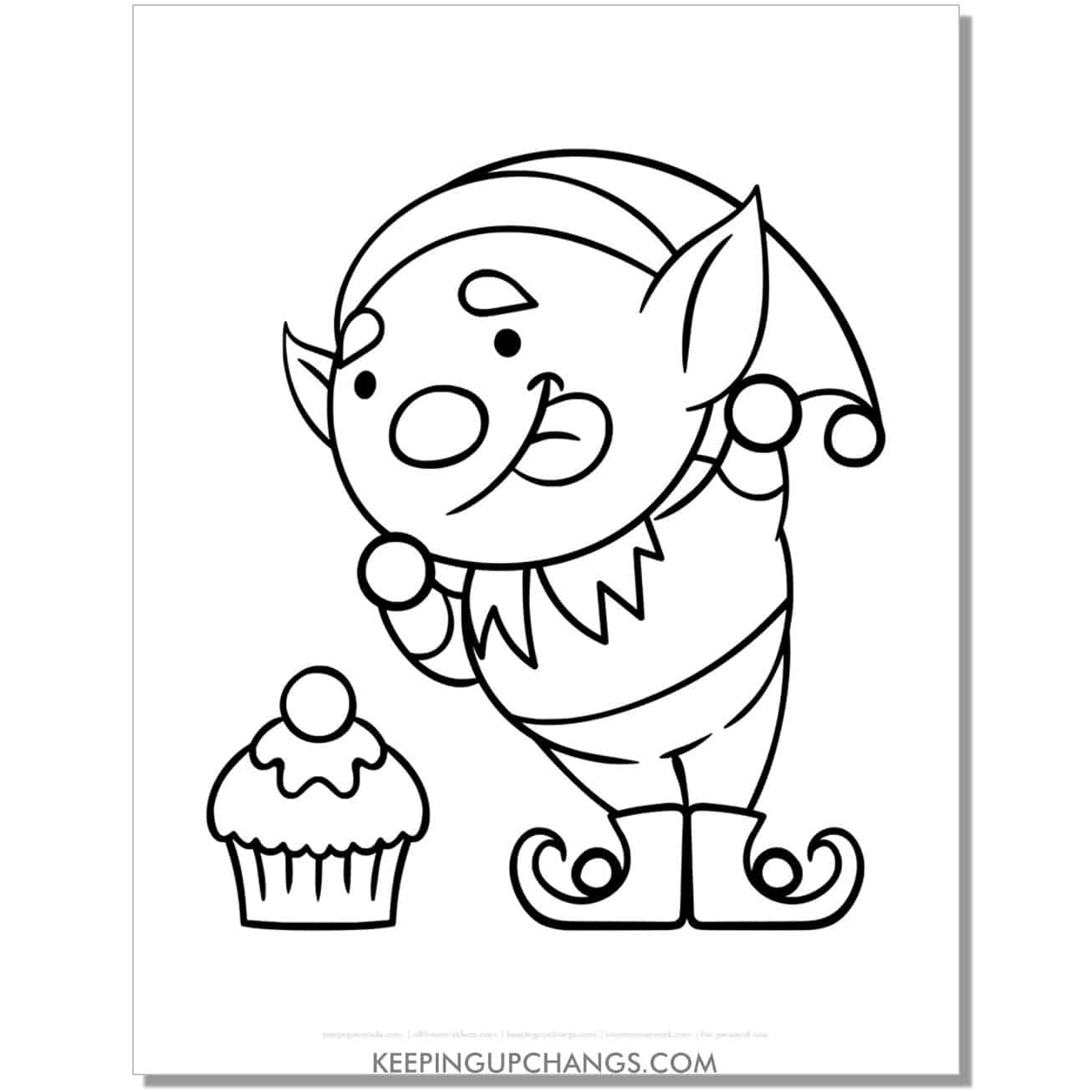 free adorable christmas elf with cupcake coloring page.
