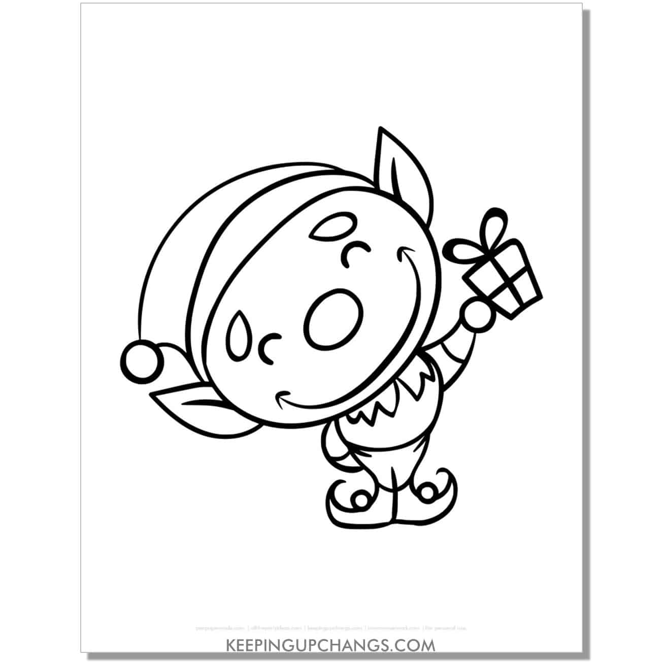 free adorable christmas elf holding present coloring page.