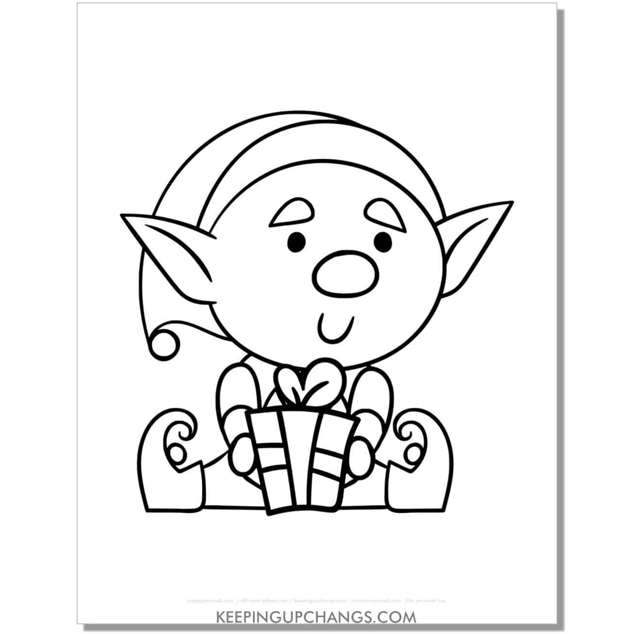 free adorable sitting christmas elf holding gift coloring page.