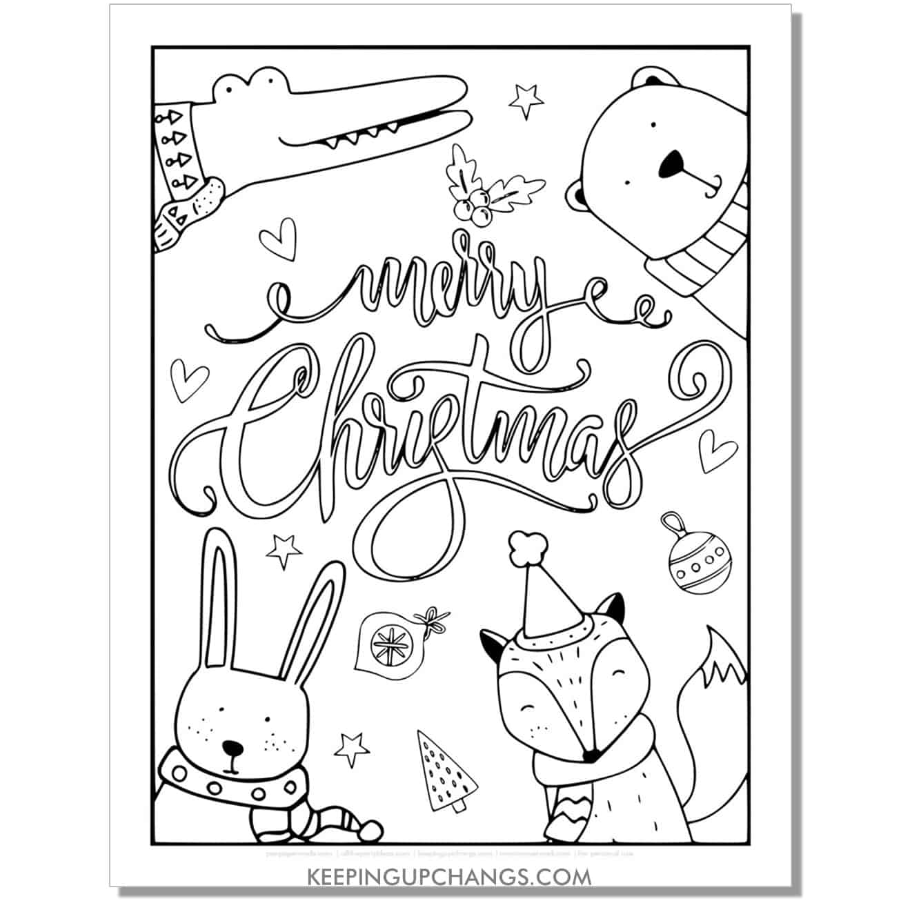 free full size merry christmas animal coloring page.