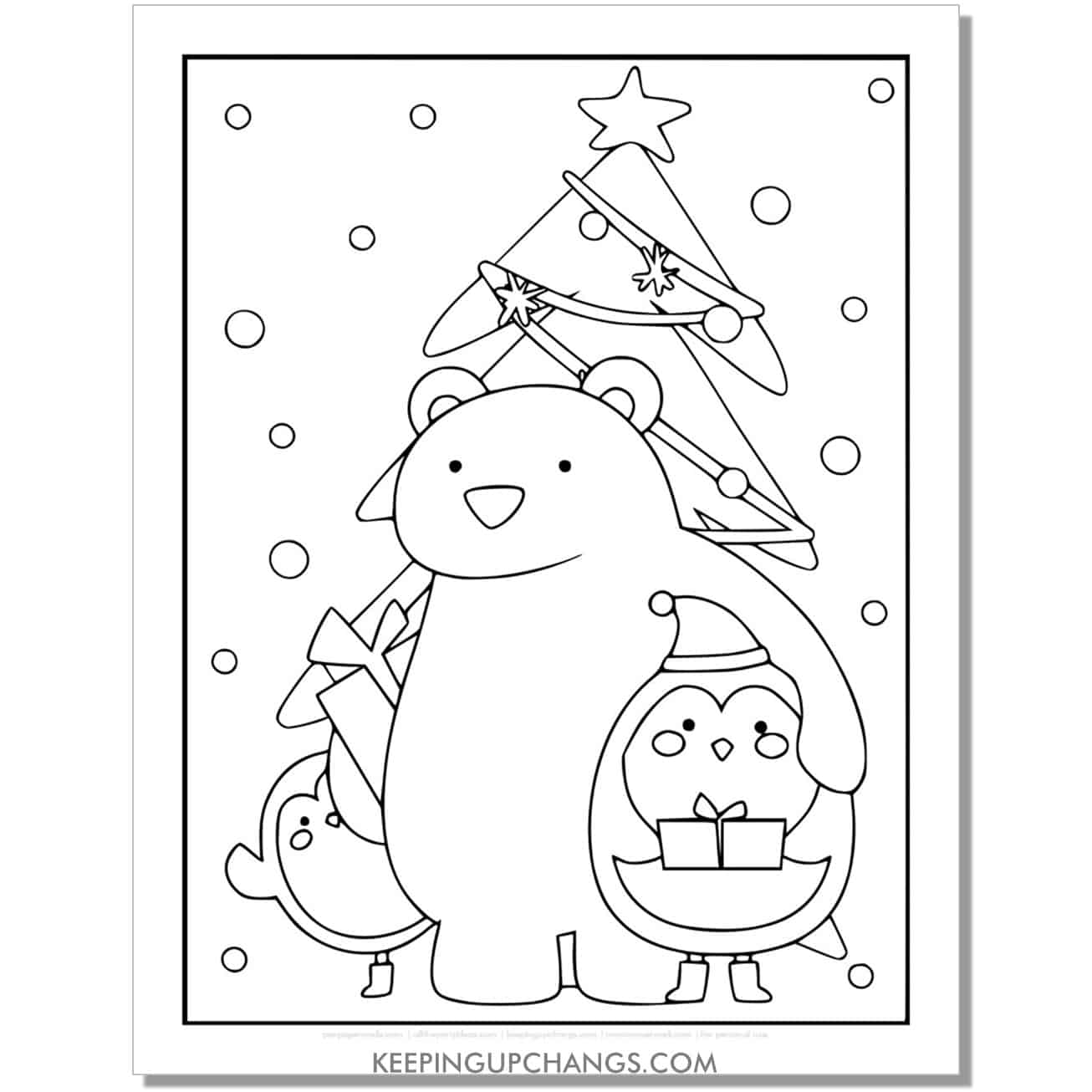 free bear, penguin, christmas tree full size christmas animal coloring page.