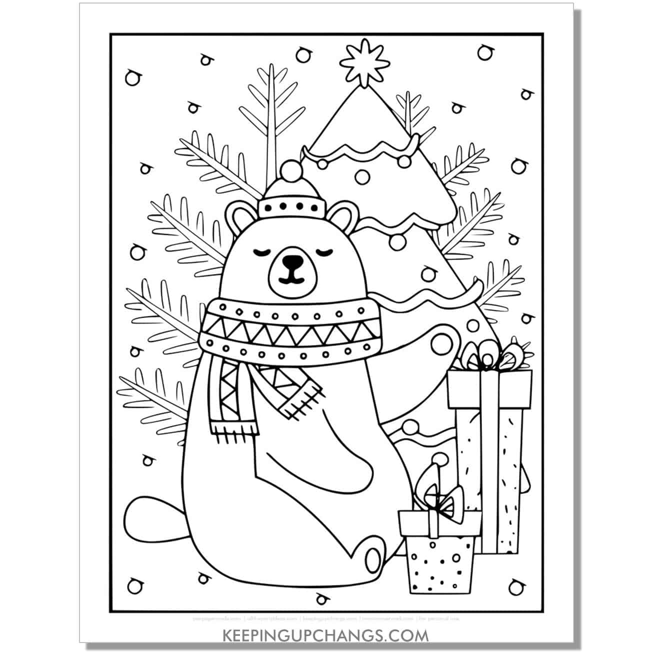 free bear sitting by decorated tree and presents full size christmas animal coloring page.