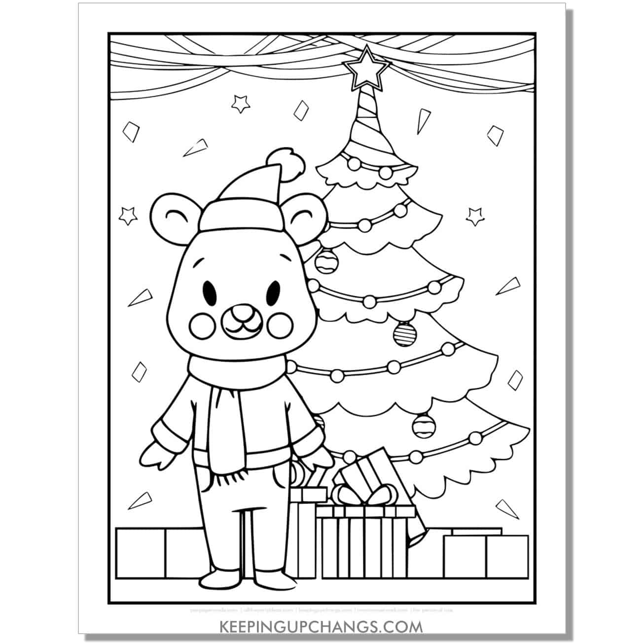 free bear in front of tree with presents full size christmas animal coloring page.