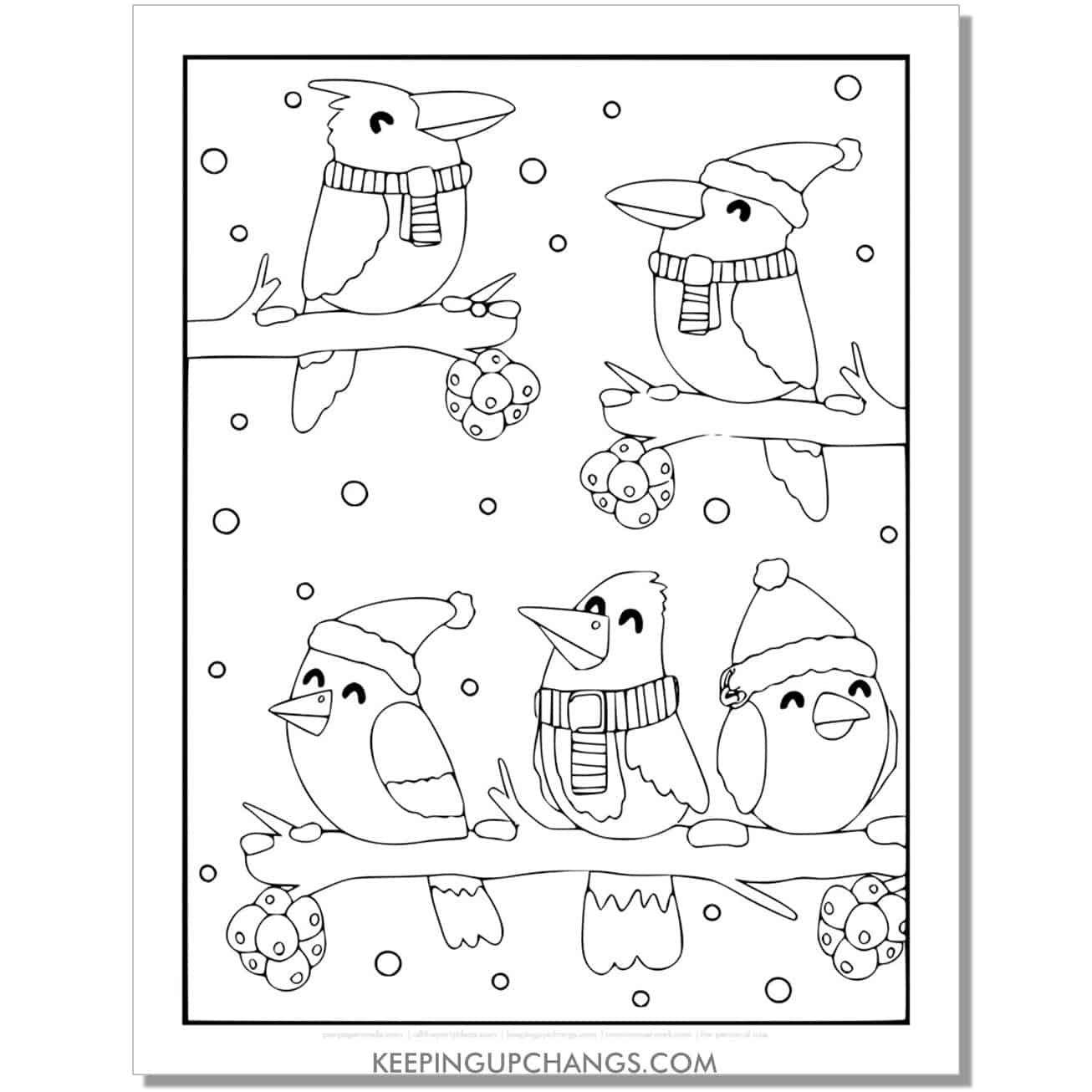 free birds in snow full size christmas animal coloring page.