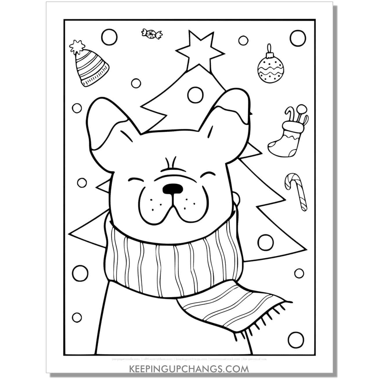 free dog with tree, ornaments, candy canes, stockings full size christmas animal coloring page.