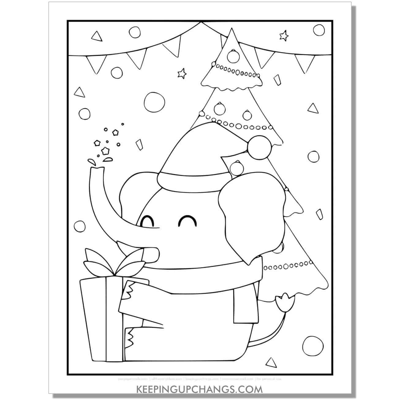 free elephant with tree and gifts full size christmas animal coloring page.