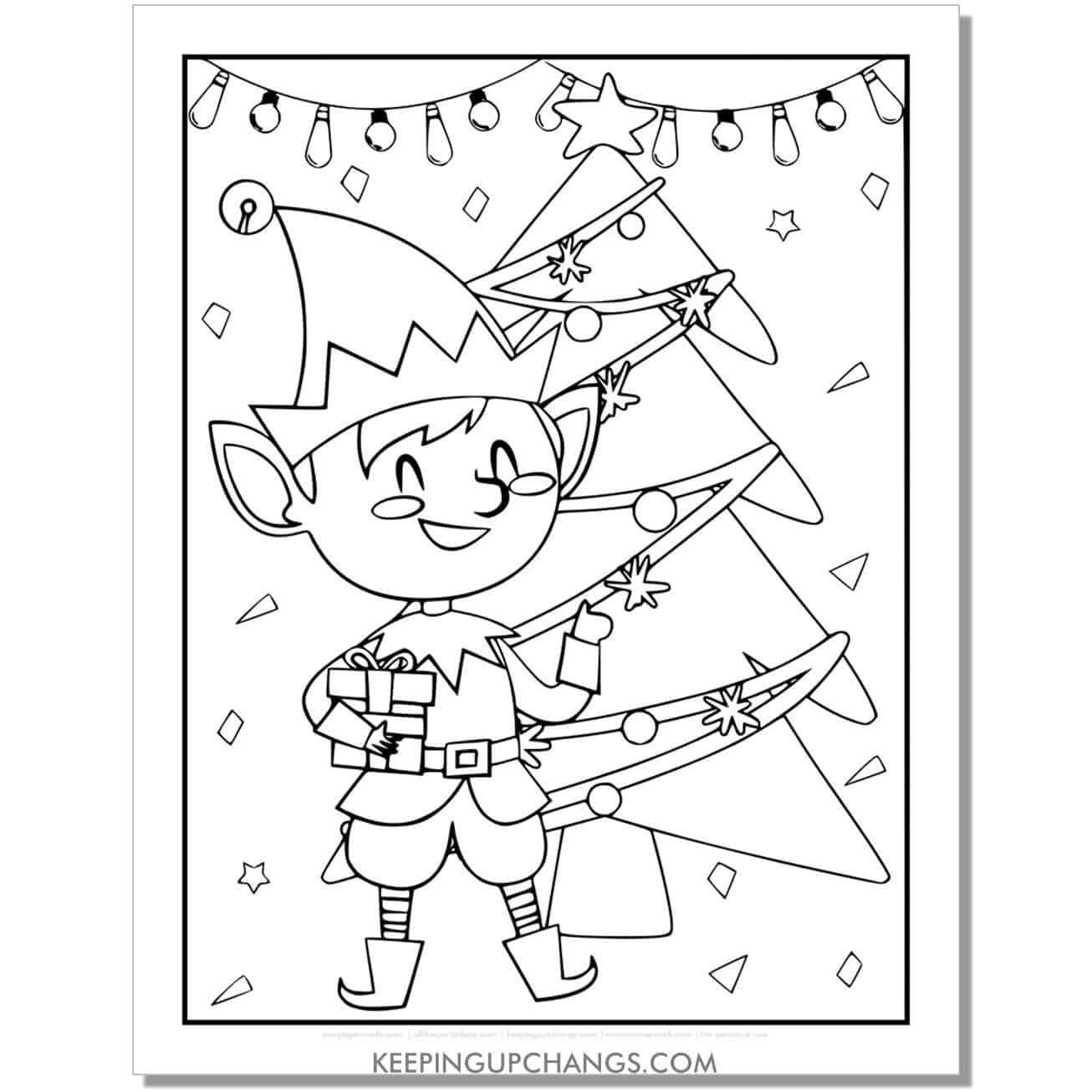free boy elf with christmas tree and present full size coloring page.