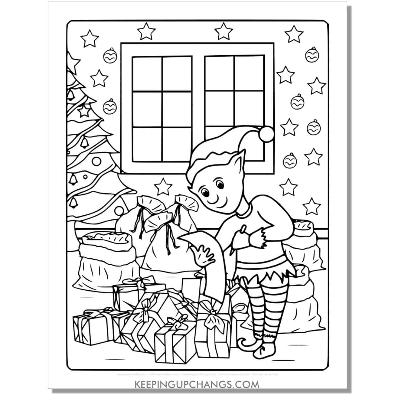 free elf with list of boys and girls full size coloring page.