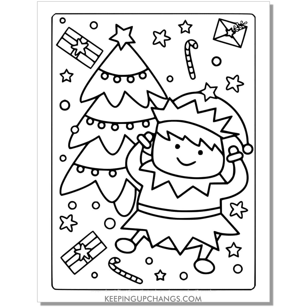 free fun elf with candy cane, santa letters, christmas tree full size coloring page.