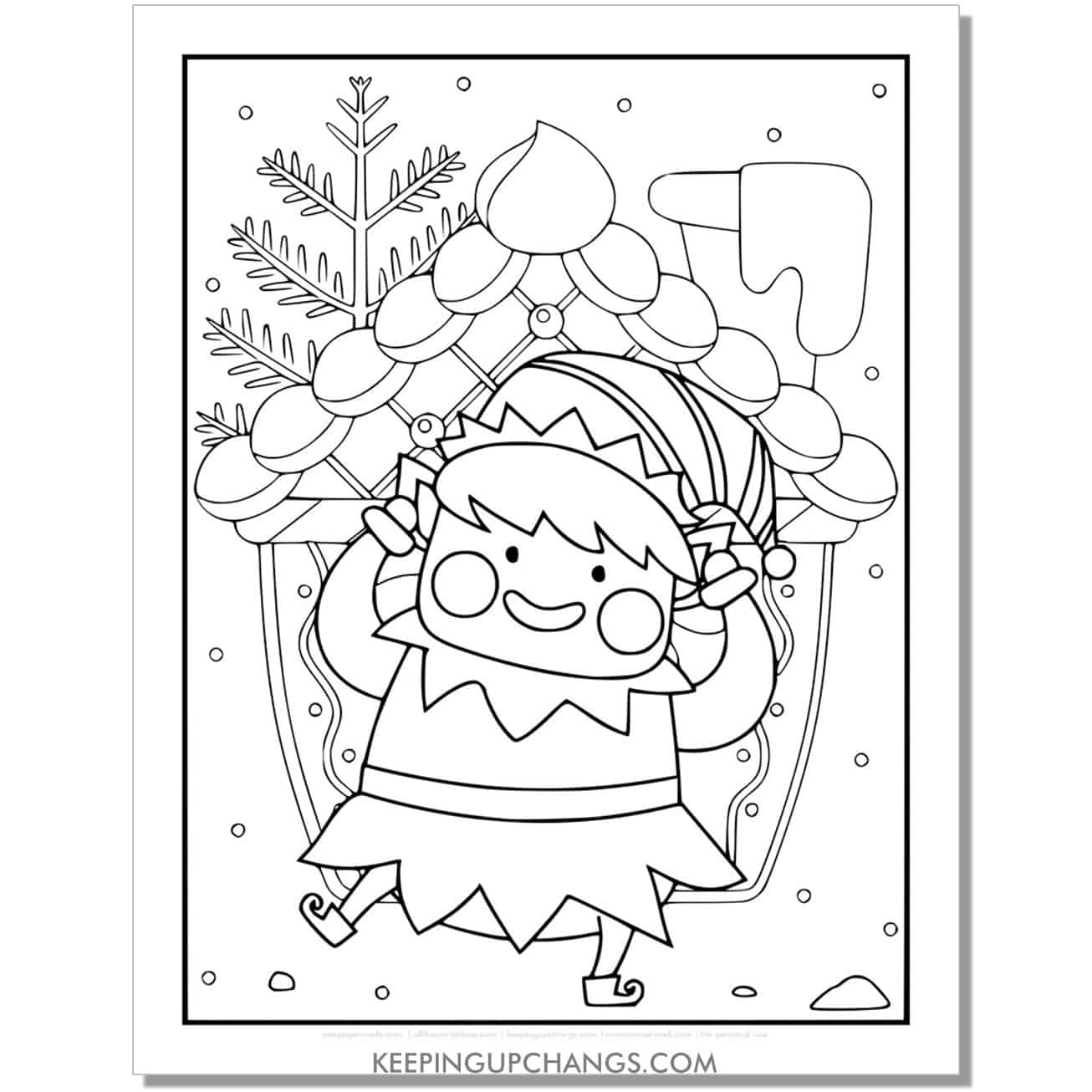 free elf with gingerbread house full size coloring page.