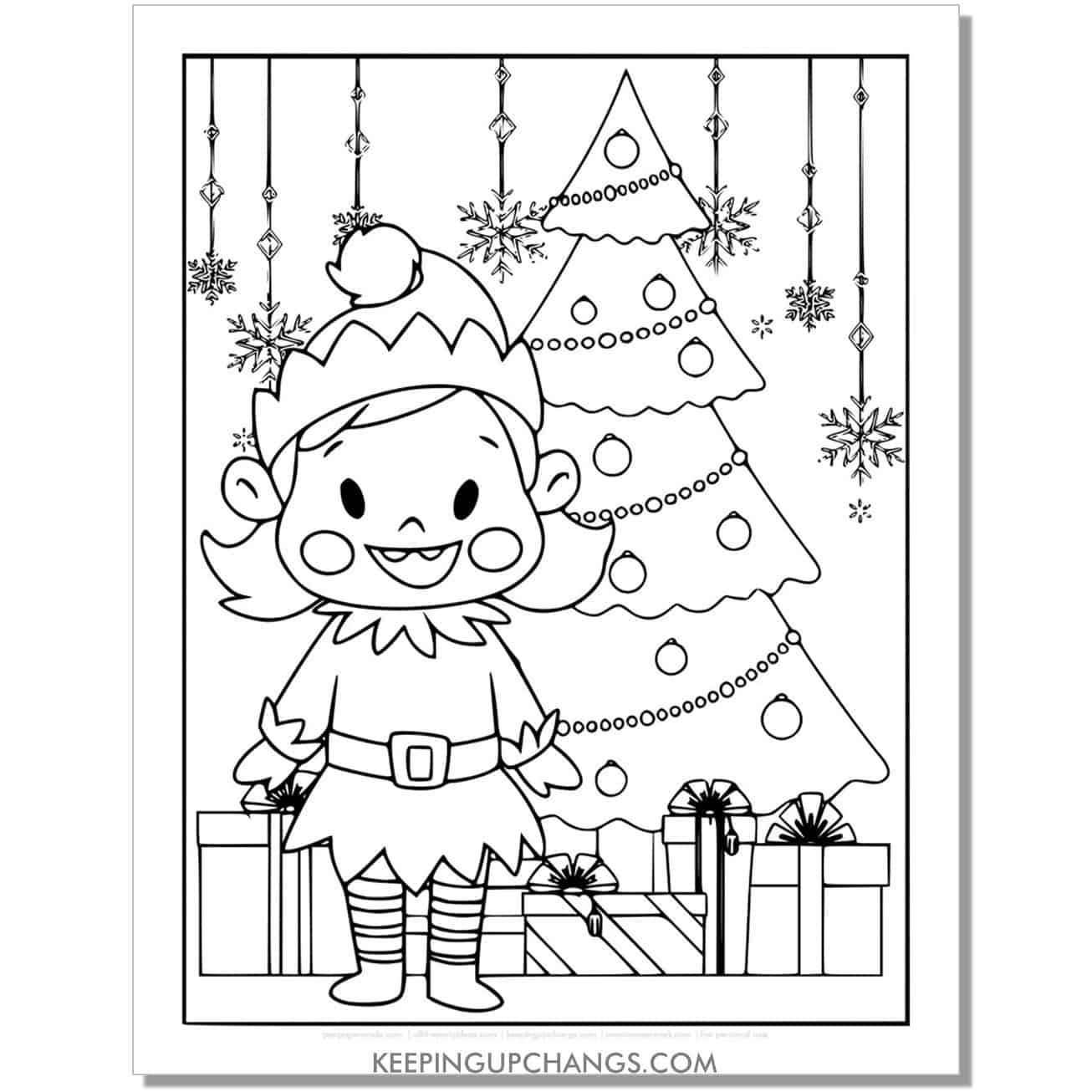 free girl elf in front of tree with hanging ornaments full size coloring page.