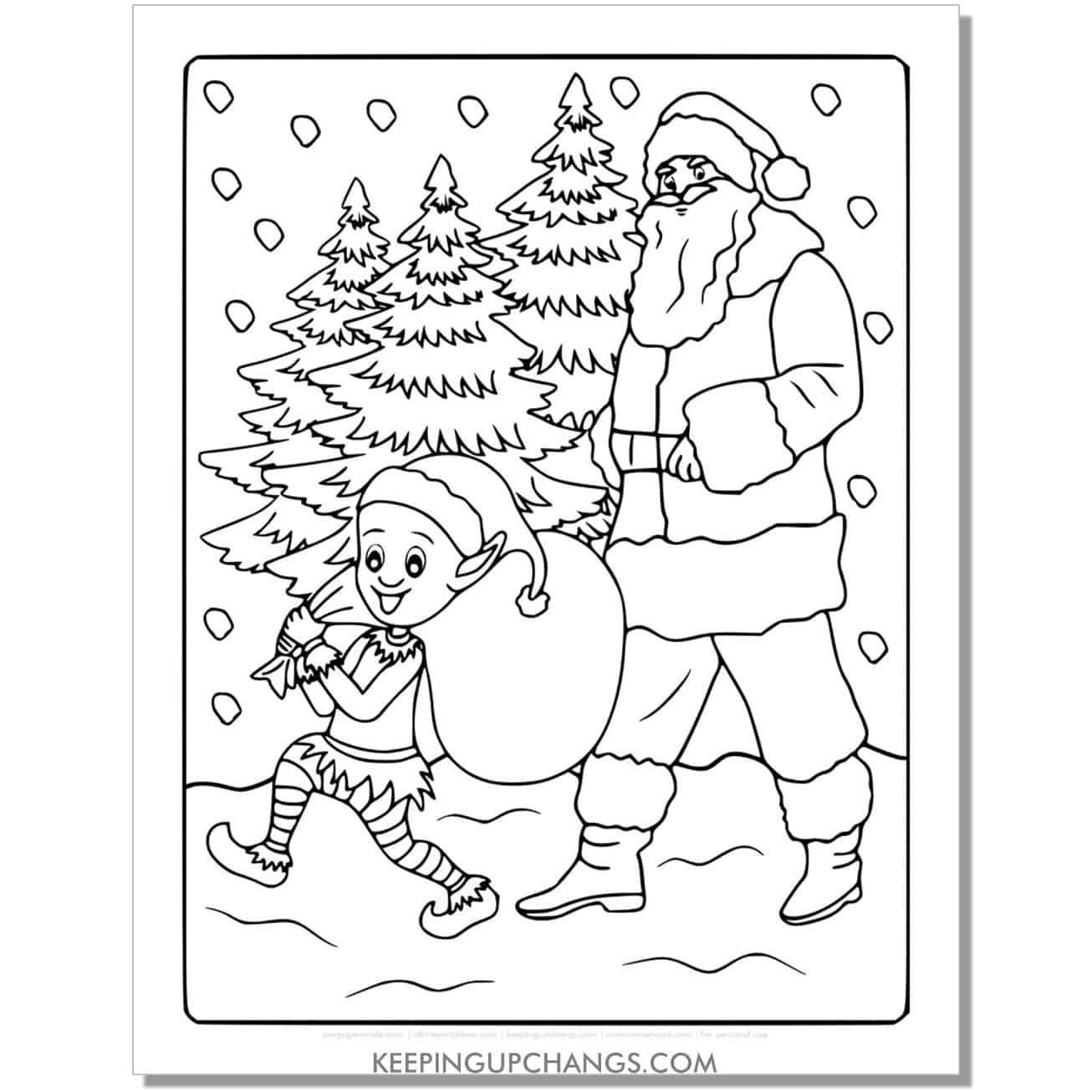 free elf and santa in the snow full size coloring page.