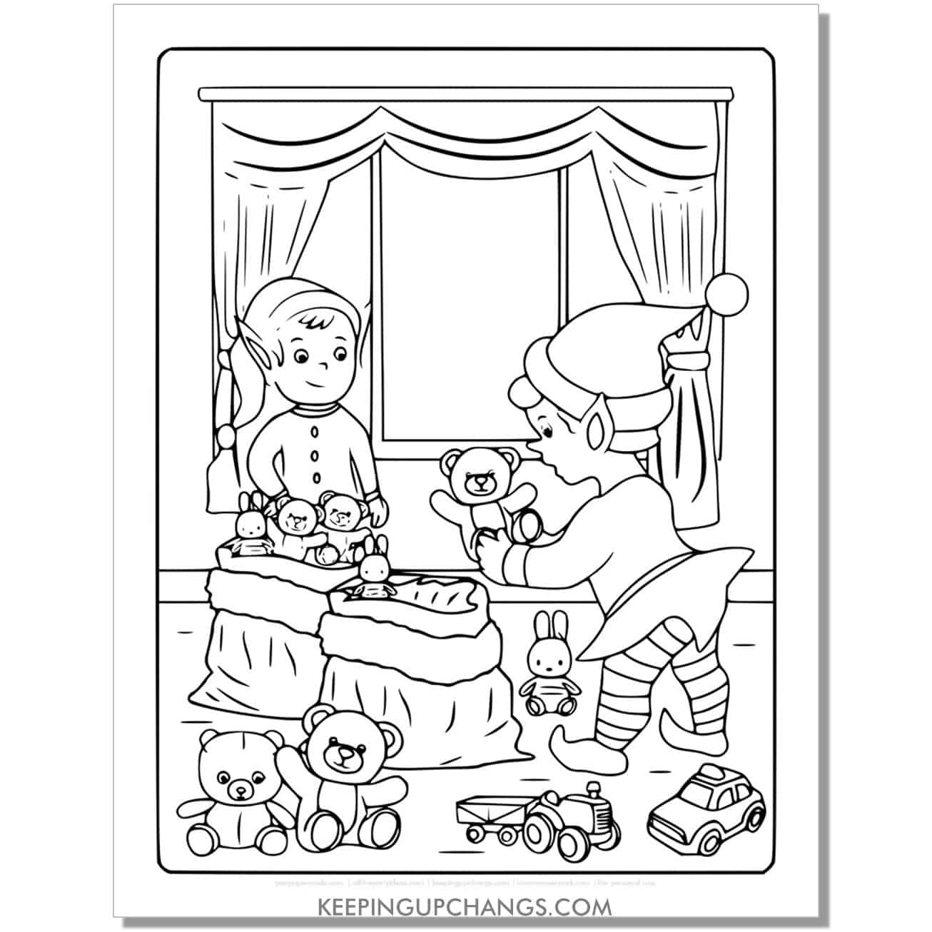 free elf with stuffed teddy bear dolls, toy cars full size coloring page.