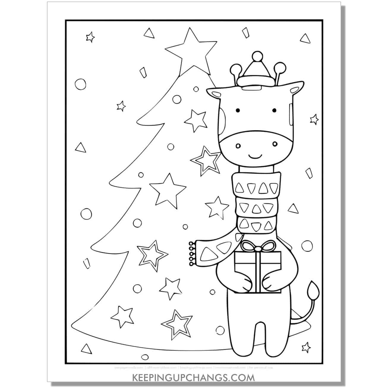 free giraffe with tree and gifts full size christmas animal coloring page.