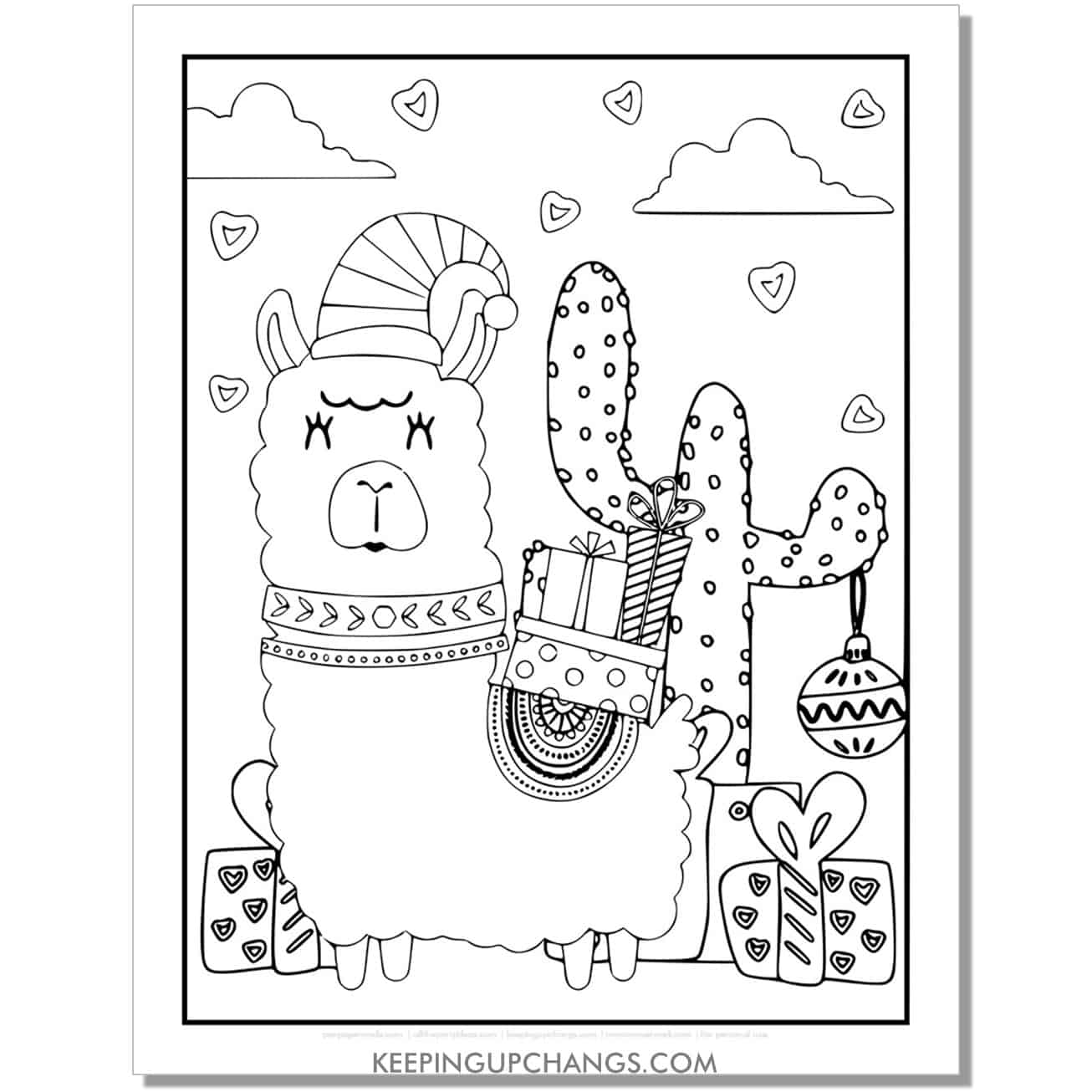 free llama alpaca with presents, ornament cactus full size christmas animal coloring page.