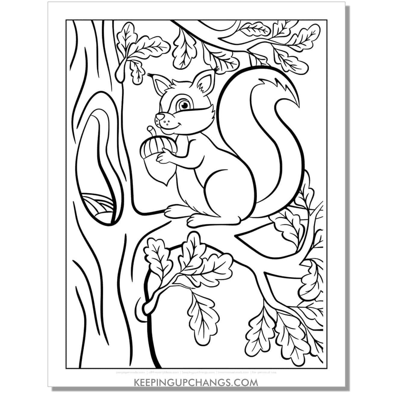 free full page squirrel in tree coloring page, sheet.