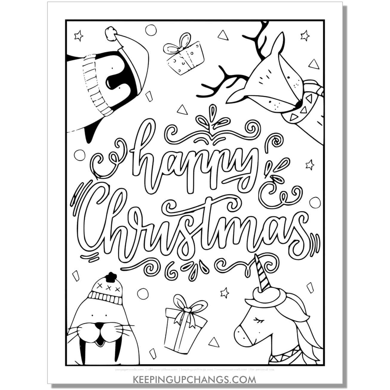 free penguin, walrus, reindeer, unicorn full size happy christmas animal coloring page.