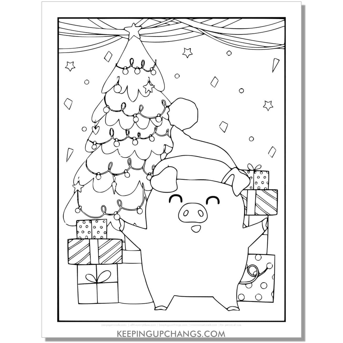 free pig, boar with tree and gifts full size christmas animal coloring page.