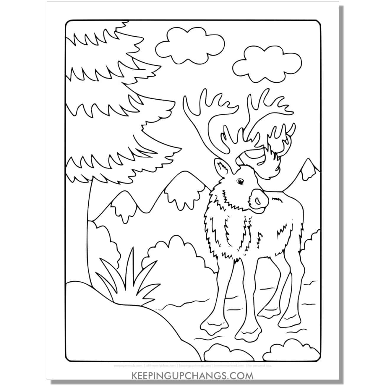 free full size realistic reindeer in wild coloring page.