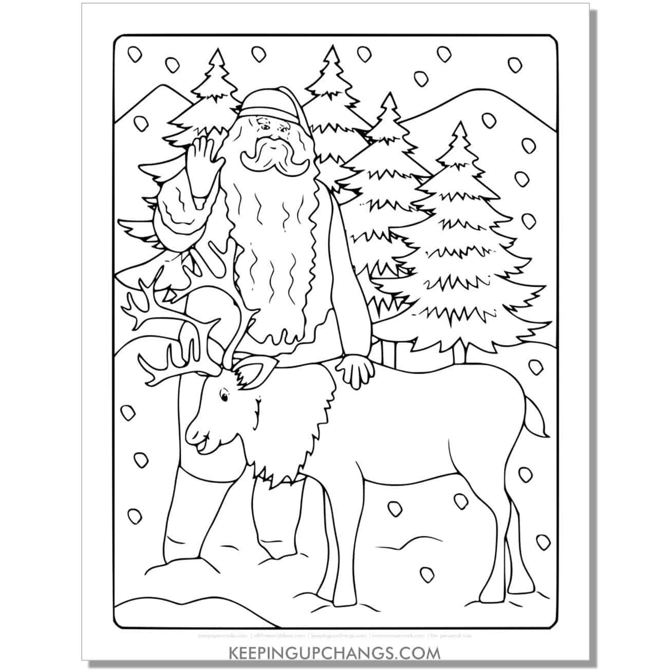 free full size realistic reindeer with Santa coloring page.